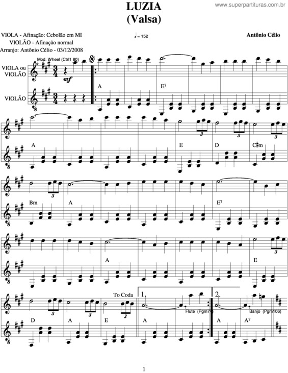 Partitura da música Luzia