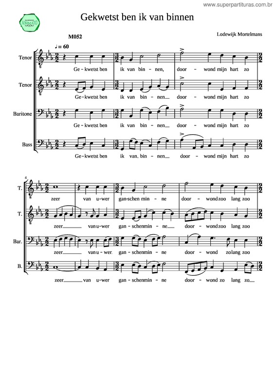 Partitura da música M052 Mortelmans, Gekwetst Ben Ol Van Binnen