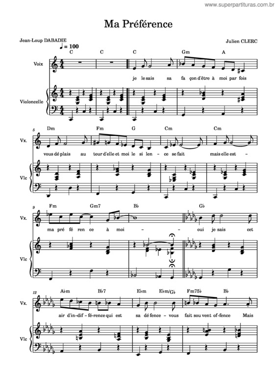 Partitura da música Ma Preference – Julien Clerc Ma Préférence