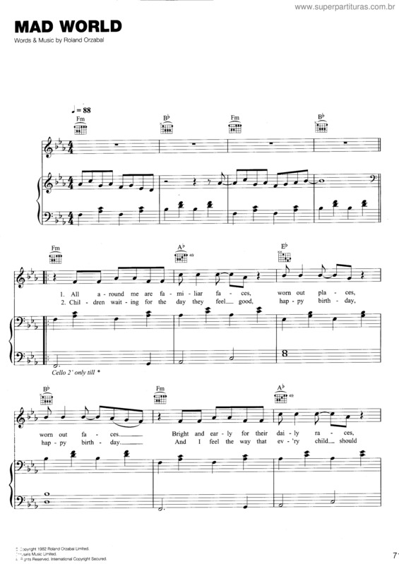 Partitura da música Mad World