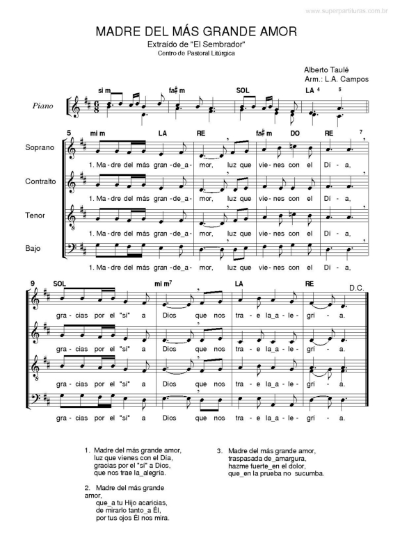 Partitura da música Madre del más Grande Amor