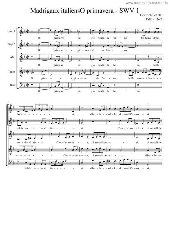 Partitura da música Madrigaux Italiens  O Primavera – Swv 1 Henrich Schütz