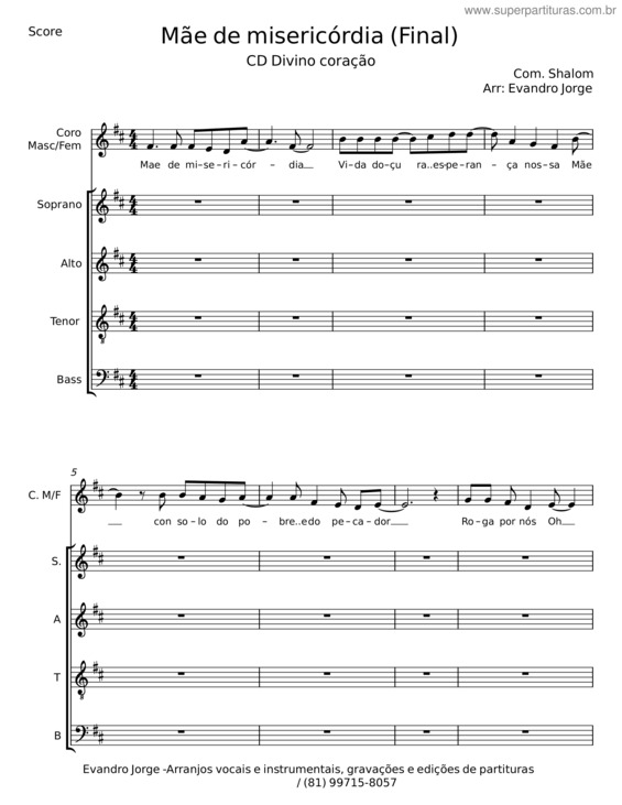 Partitura da música Mãe De Misericórdia – Com. Shalom