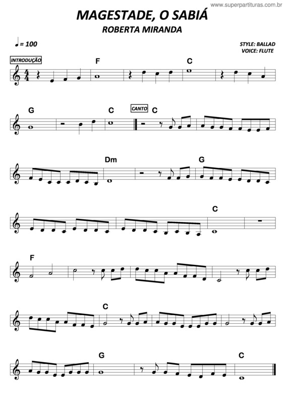 Partitura da música Magestade, O Sabiá