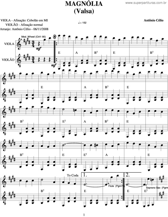 Partitura da música Magnólia