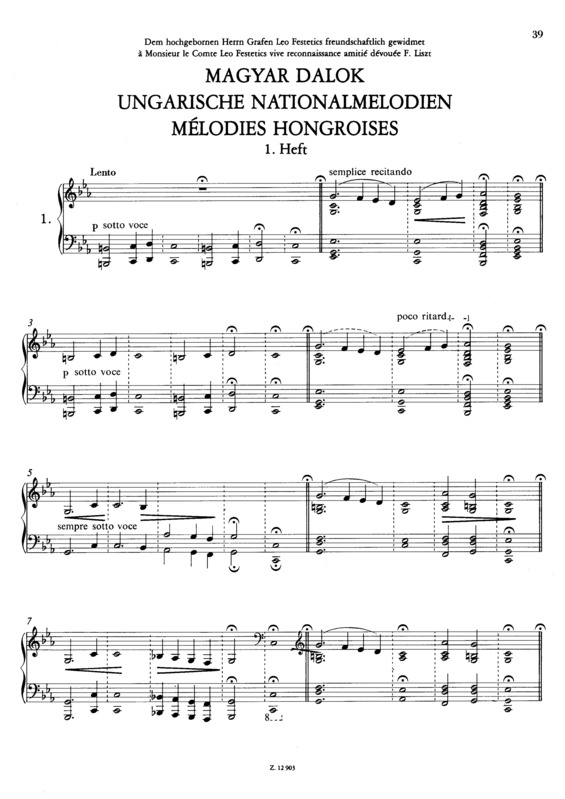 Partitura da música Magyar Dalok S.242