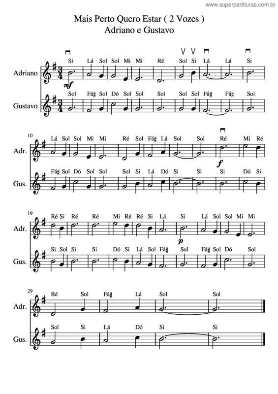 Partitura da música Mais Perto Quero Estar 2 Vozes