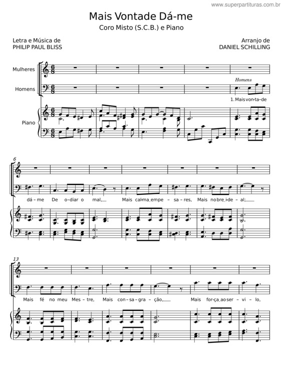 Partitura da música Mais Vontade Dá–Me – Philip Paul Bliss