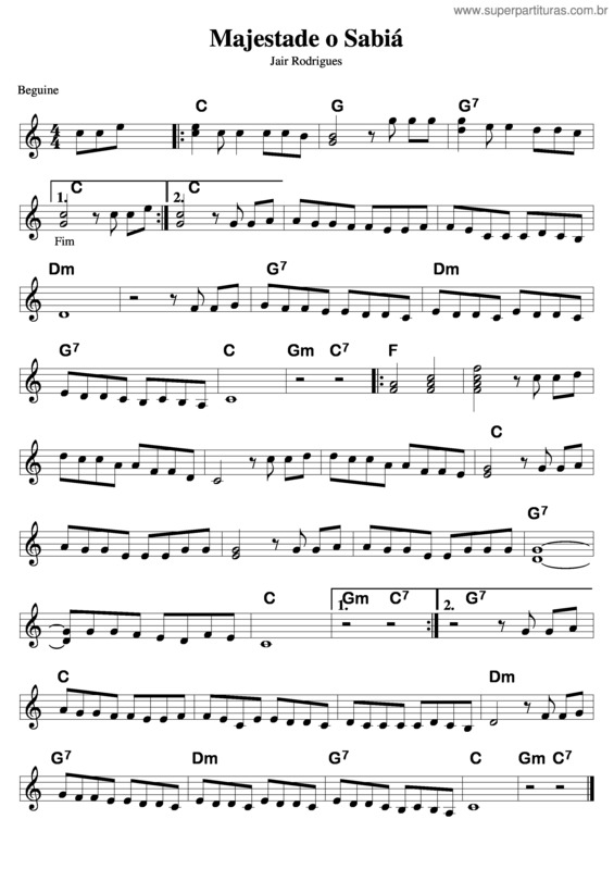 Partitura da música Majestade, O Sabiá