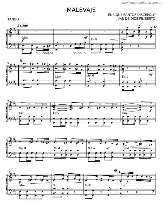 Partitura da música Malevaje – Enrique Santos Discépolo