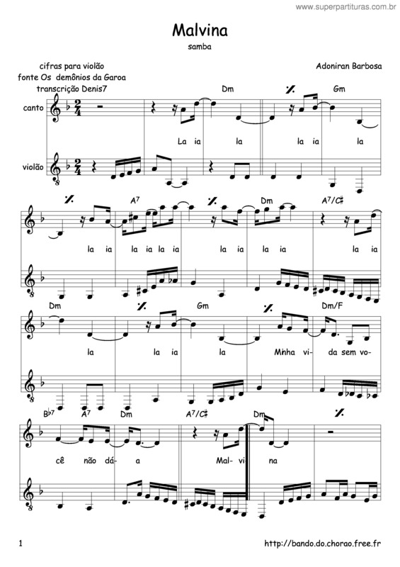 Partitura da música Malvina