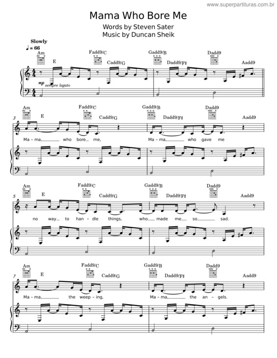 Partitura da música Mama Who Bore Me – Duncan Sheik, Spring Awakening Musical, Steven Sater