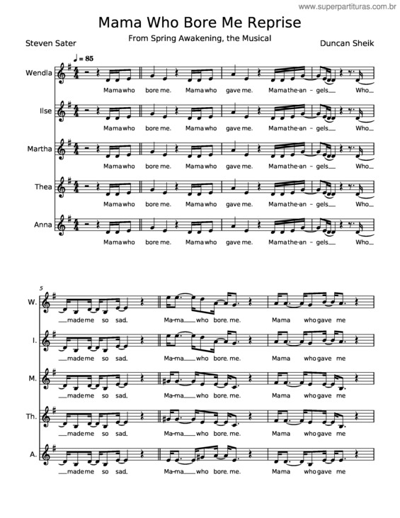 Partitura da música Mama Who Bore Me Reprise – Duncan Sheik, Spring Awakening Musical, Steven Sater