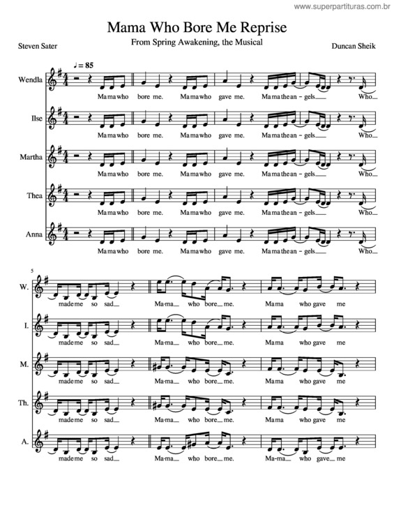 Partitura da música Mama Who Bore Me Reprise