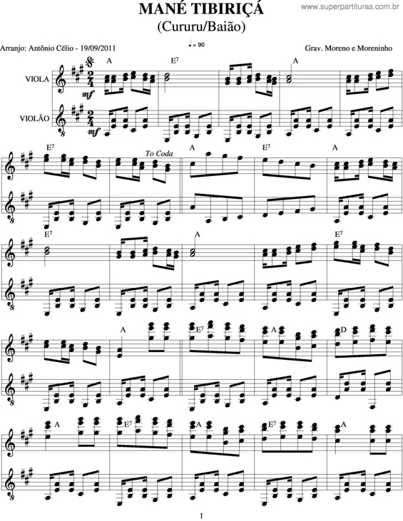 Partitura da música Mané Tibiriçá