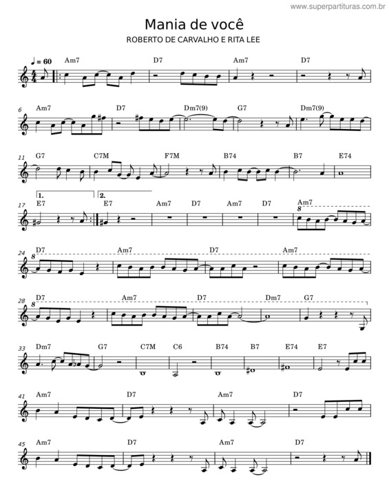 Partitura da música Mania De Você – Roberto De Carvalho E Rita Lee