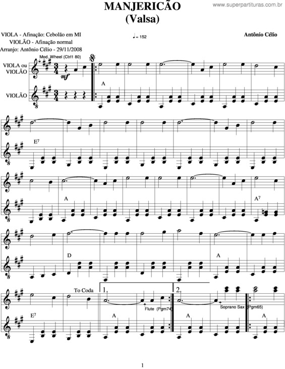 Partitura da música Manjericão