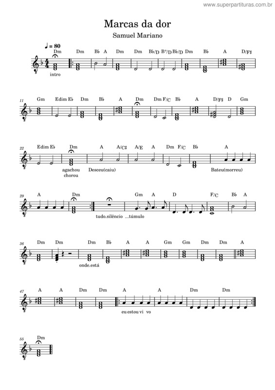 Partitura da música Marcas Da Dor – Samuel Mariano