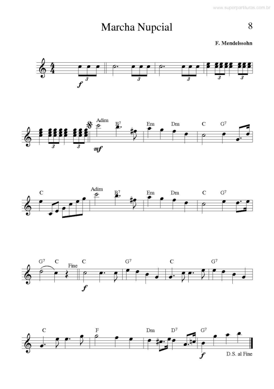 Partitura da música Marcha Nupcial de Mendelssohn