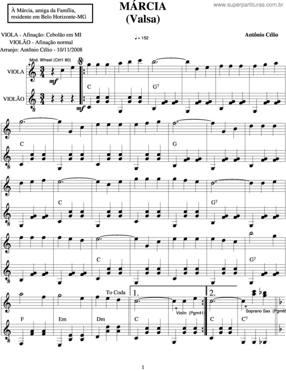 Partitura da música Márcia