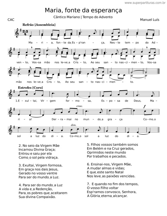 Partitura da música Maria, Fonte Da Esperança – Manuel Luís