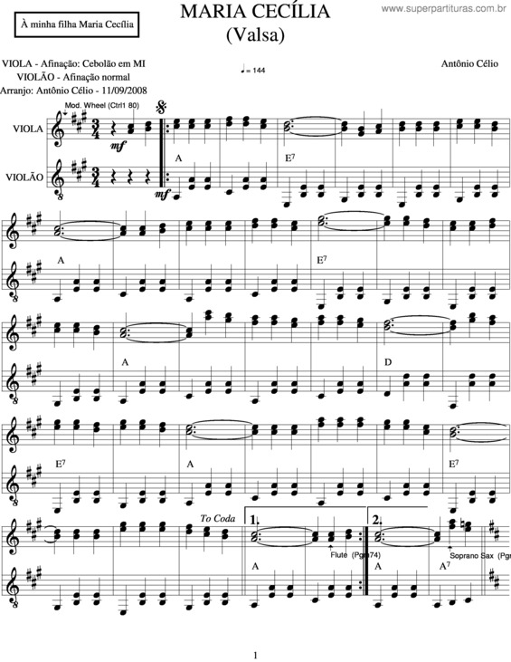 Partitura da música Maria Cecília