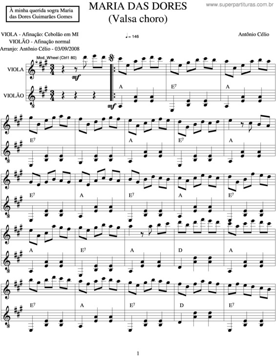 Partitura da música Maria Das Dores