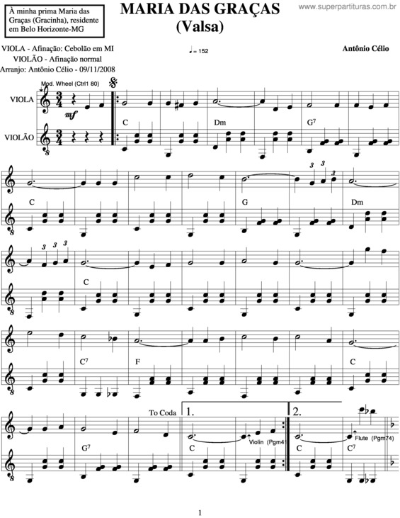 Partitura da música Maria Das Graças