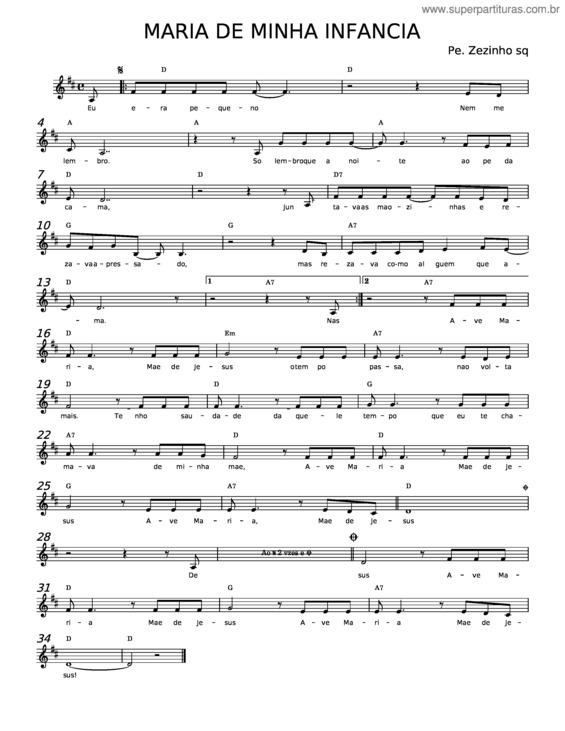 Partitura da música Maria De Minha Infância – Padre Zezinho