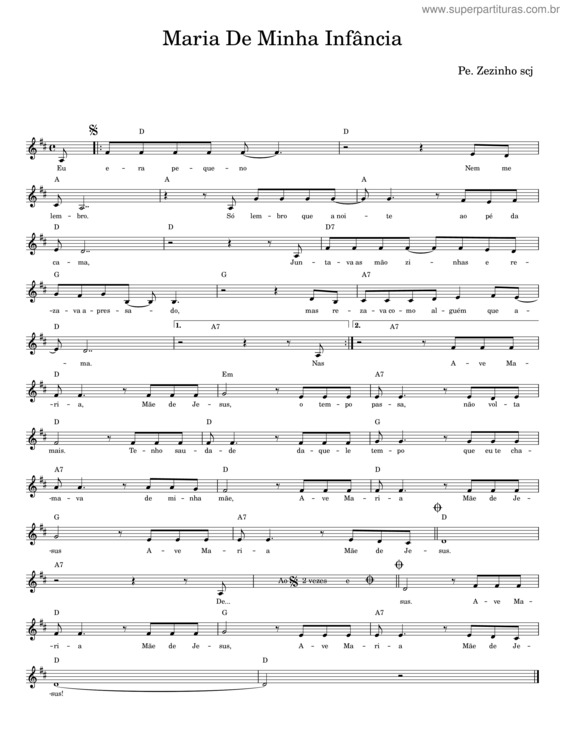 Partitura da música Maria De Minha Infância – Pe. Zezinho Scj