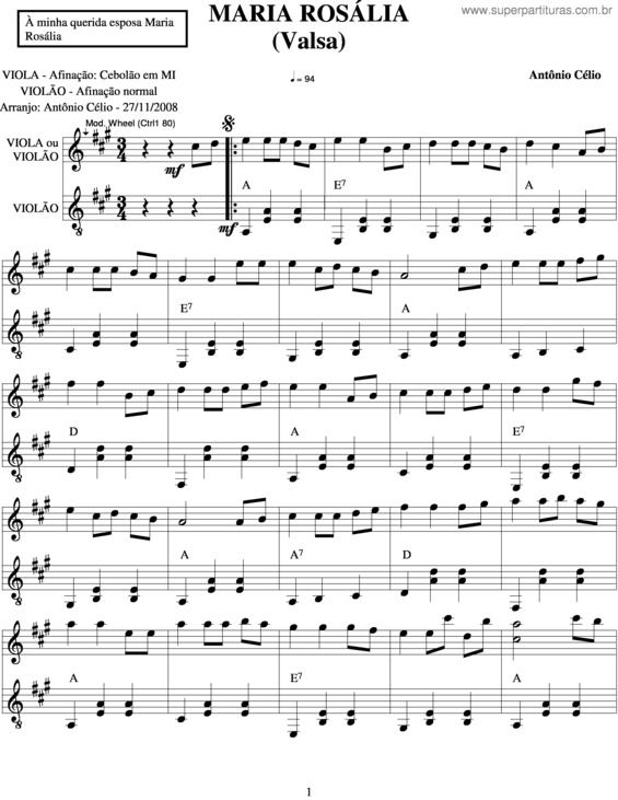 Partitura da música Maria Rosália