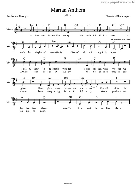 Partitura da música Marian Anthem 2012 Divyadaan
