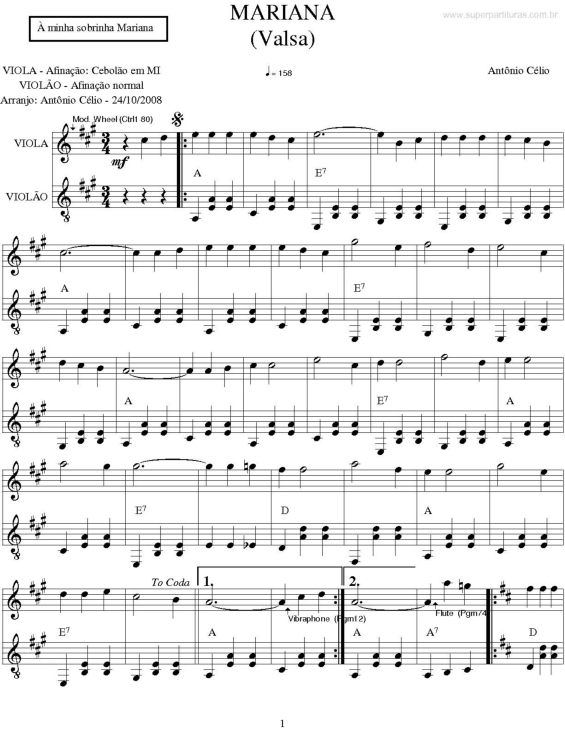 Partitura da música Mariana