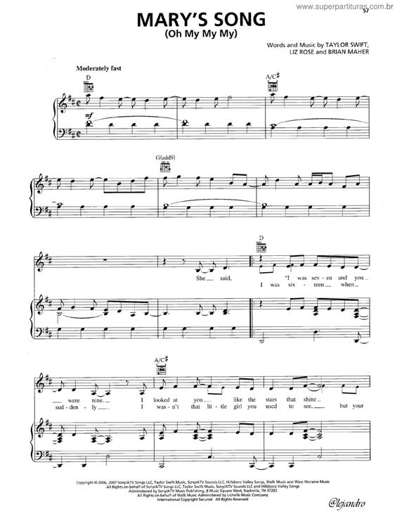 Partitura da música Mary`s song