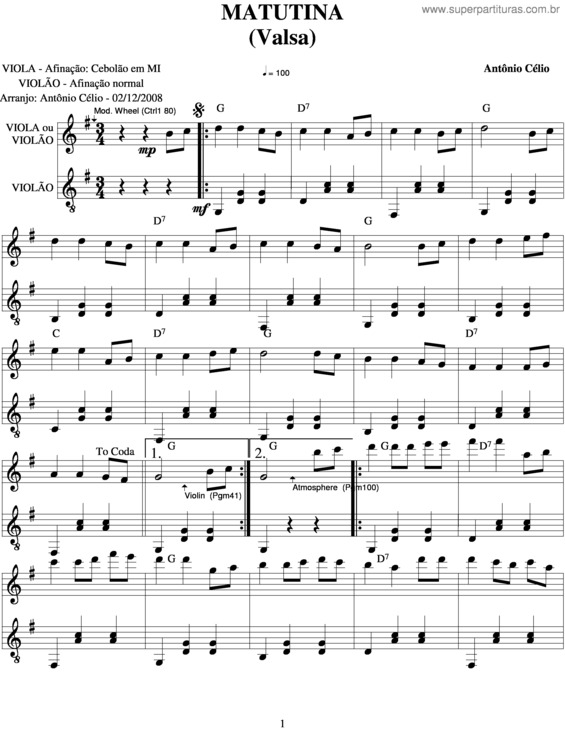 Partitura da música Matutina