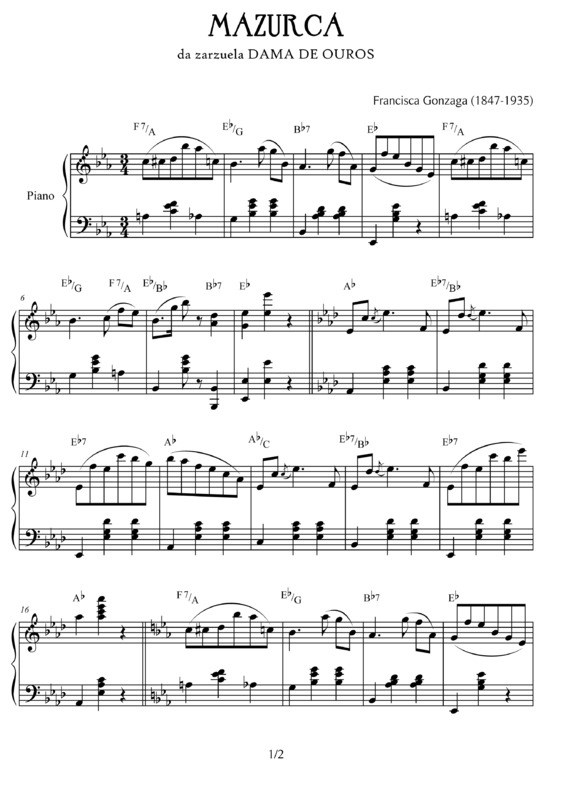 Partitura da música Mazurca da Zarzuela Dama de Ouros