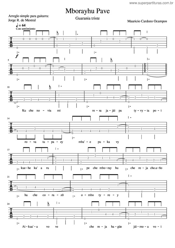 Partitura da música Mborayhu Pave Mauricio Cardozo Ocampos