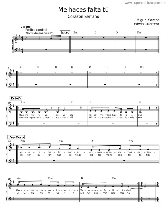 Partitura da música Me Haces Falta Tú – Miguel Santos