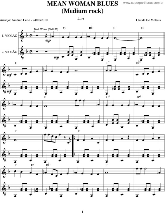 Partitura da música Mean Woman Blues v.2