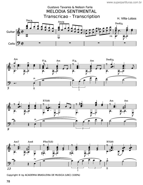 Partitura da música Melodia Sentimental – Cello And Guitar