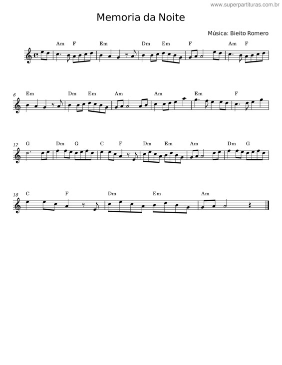 Partitura da música Memoria Da Noite – Bieito Romero