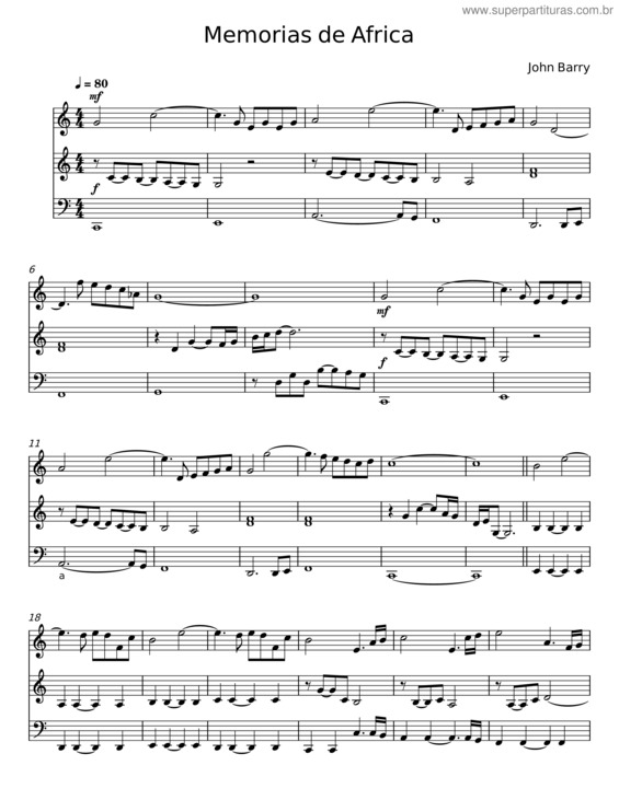 Partitura da música Memorias De África – John Barry v.2