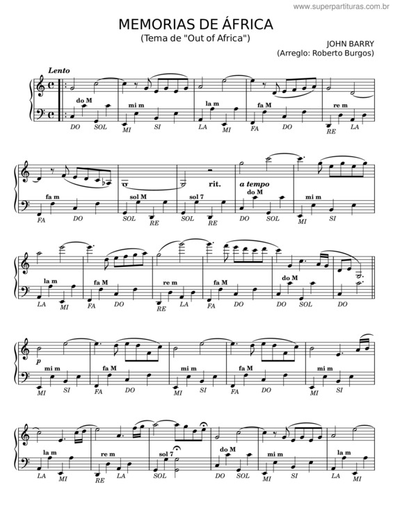Partitura da música Memorias De África – John Barry
