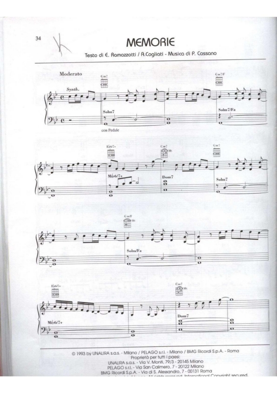 Partitura da música Memorie