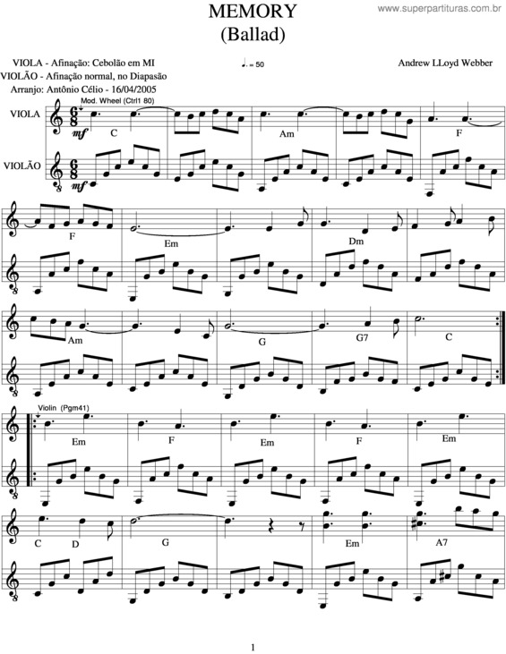 Partitura da música Memory v.3