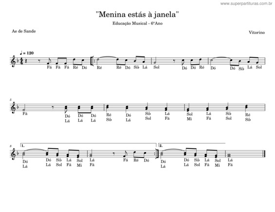 Partitura da música Menina Estás À Janela – Vitorino
