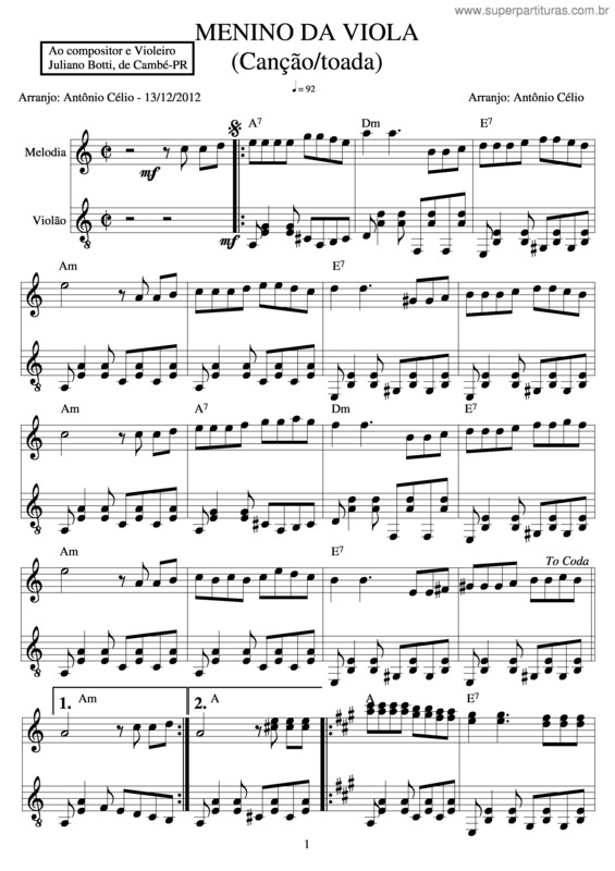 Partitura da música Menino Da Viola