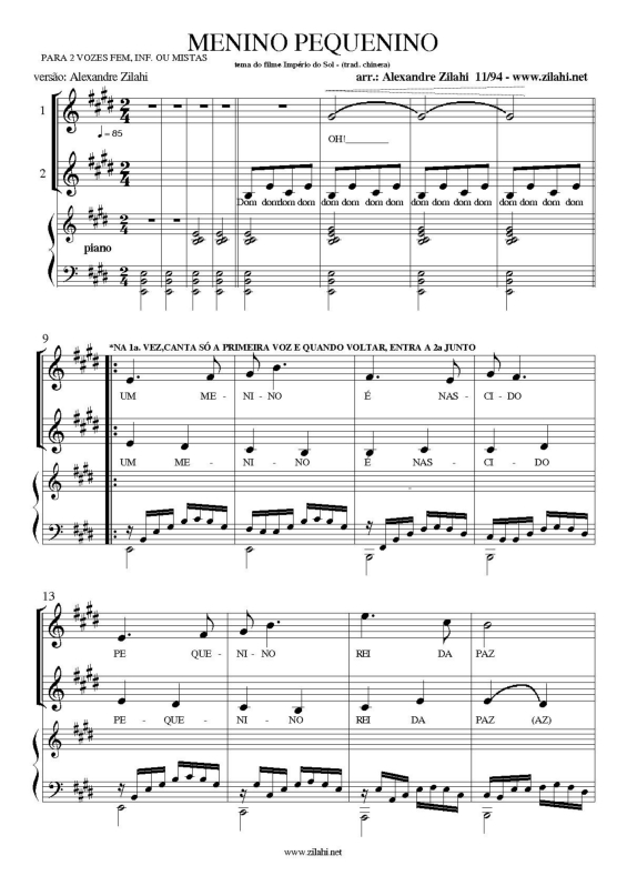 Partitura da música Menino Pequenino