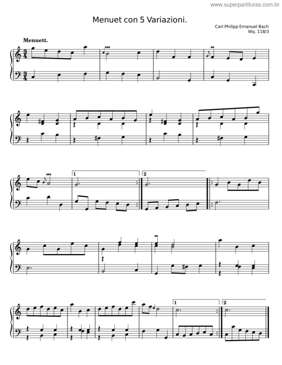 Partitura da música Menuet Con 5 Variazioni, H.44 – Carl Philipp Emanuel Bach v.2