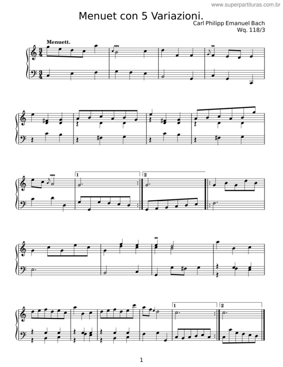 Partitura da música Menuet Con 5 Variazioni, H.44 – Carl Philipp Emanuel Bach